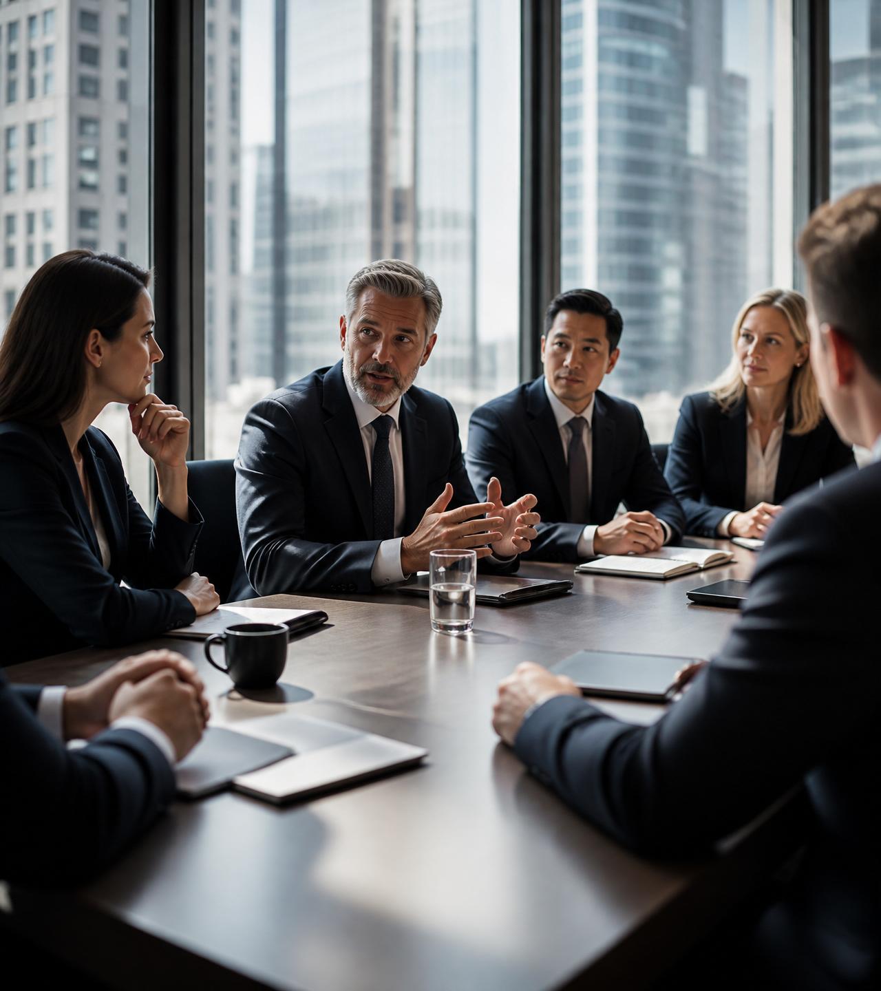 Reunião estratégica entre executivos em escritório corporativo moderno