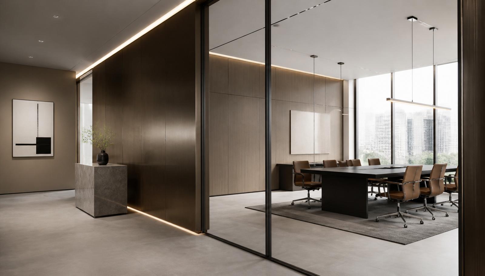 Ambiente corporativo premium com arquitetura contemporânea